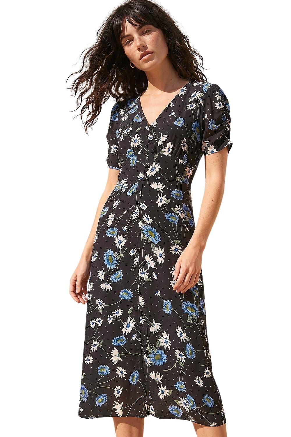 Roman Women's Black Floral Ruched Sleeve Dress In Size 12
