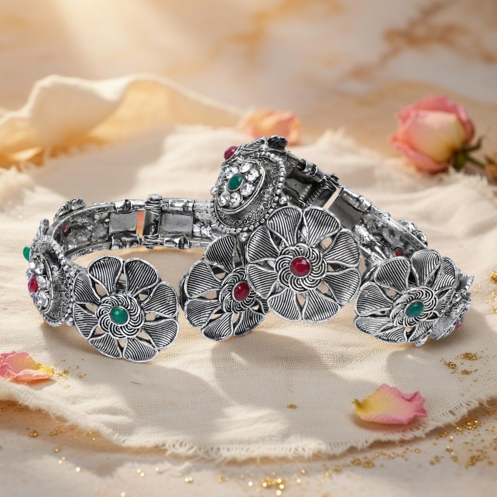 Efulgenz Indian Oxidized Bangle Bracelet Set for Women Boho Oxidized Antique Crystal Hinge Openable Bracelet Bangle Set Fashion Statement Wedding Jewelry for Women (2 Pcs)