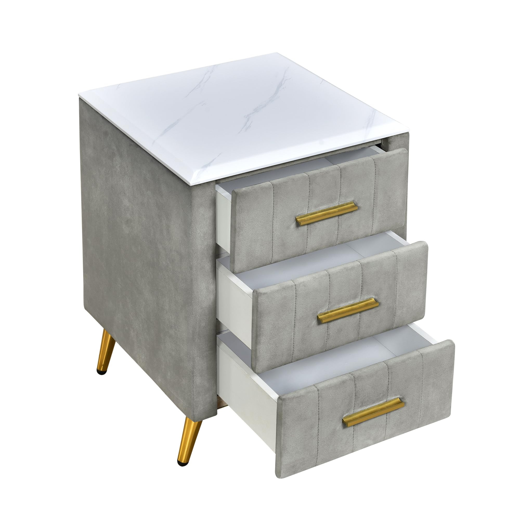 HAUSHECK Upholstered Night Stand with 3 Drawers, Modern Nightstands with Metal Legs & Handles Bedside Tables for Bedrooms, Marbling Worktop, Gray, 16.3" L x 16.3" W x 21.8" H