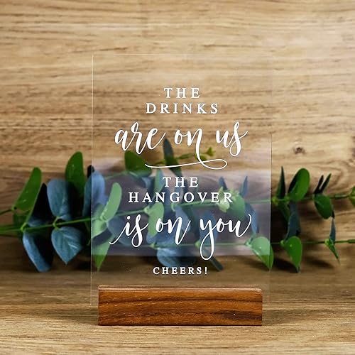 Letrero acrílico de barra abierta de boda con soporte de madera, aspecto de cristal de 5 x 7 pulgadas, acrílico transparente con soporte para