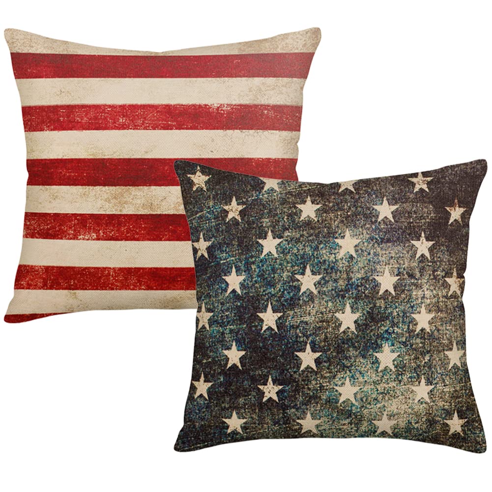 4th of July Patriotic Pillow Covers 24x24 Inch Set of 2 Vintage Red Stripes Blue Stars Pillows Decorative Throw Pillows Outdoor Cushion Cover Independence Memorial Day Pillow Cases for Sofa Couch