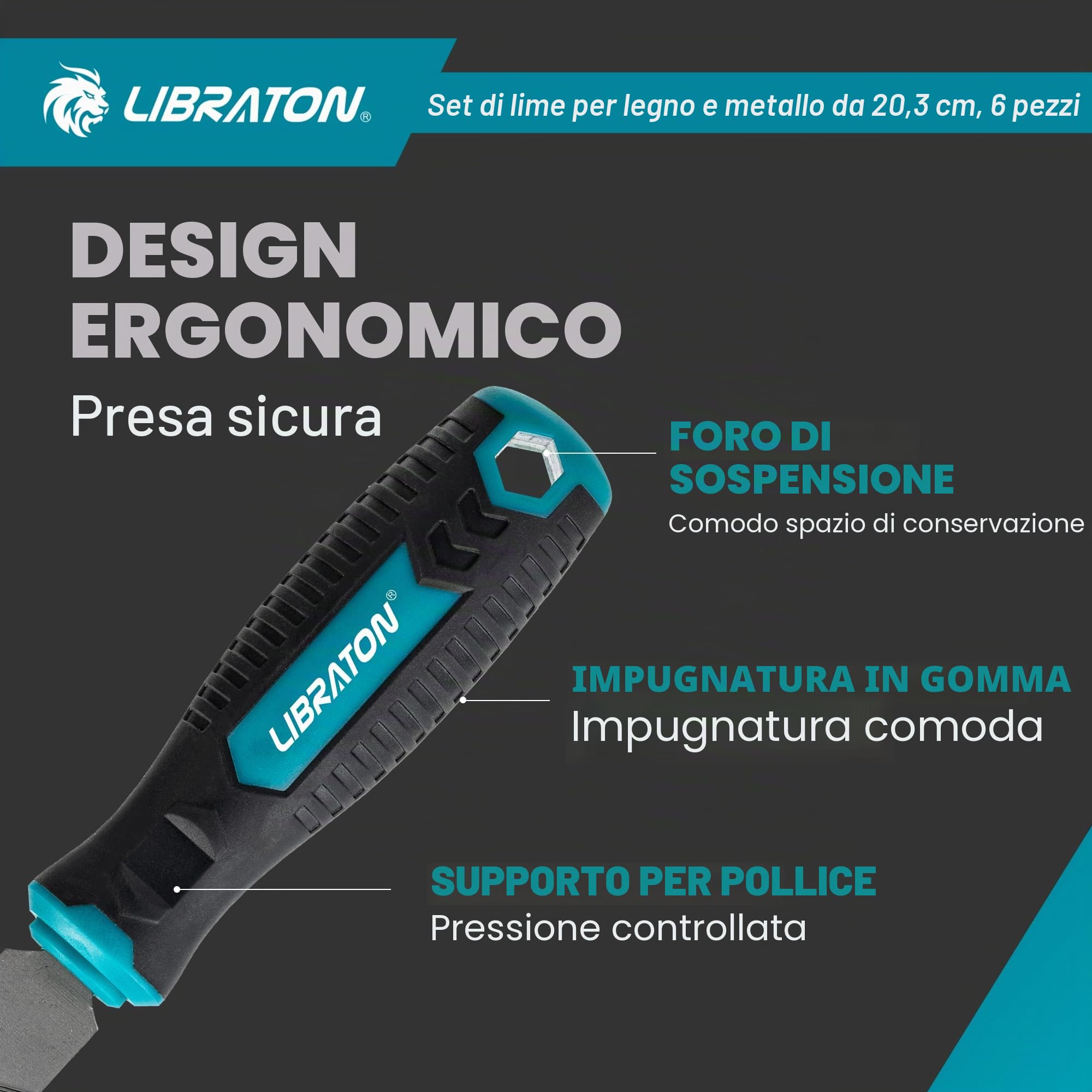 Libraton Lime per Metallo, 6 Pezzi Set di Lima Metalliche, Lime in Acciaio ad Alto Tenore di Carbonio, Strumenti per Lime con Manico in Gomma, Set di Lime Metalliche da 8 Pollici con 1 Raspa per Legno