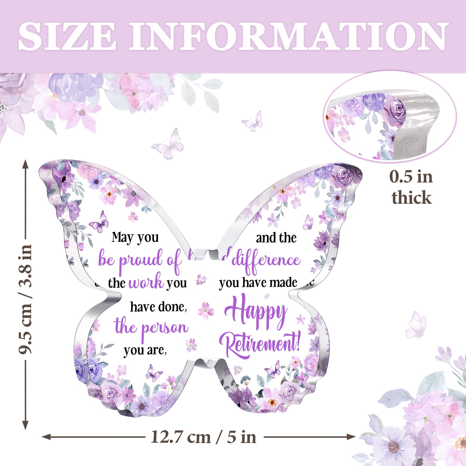 Unique Retirement Gift for Woman Men 2026, 5x3.8x0.5 Inch Purple Butterfly Acrylic Plaque Decor with Warm Words, Best Retirement Gifts for Coworker Teacher Friend Nurse Boss