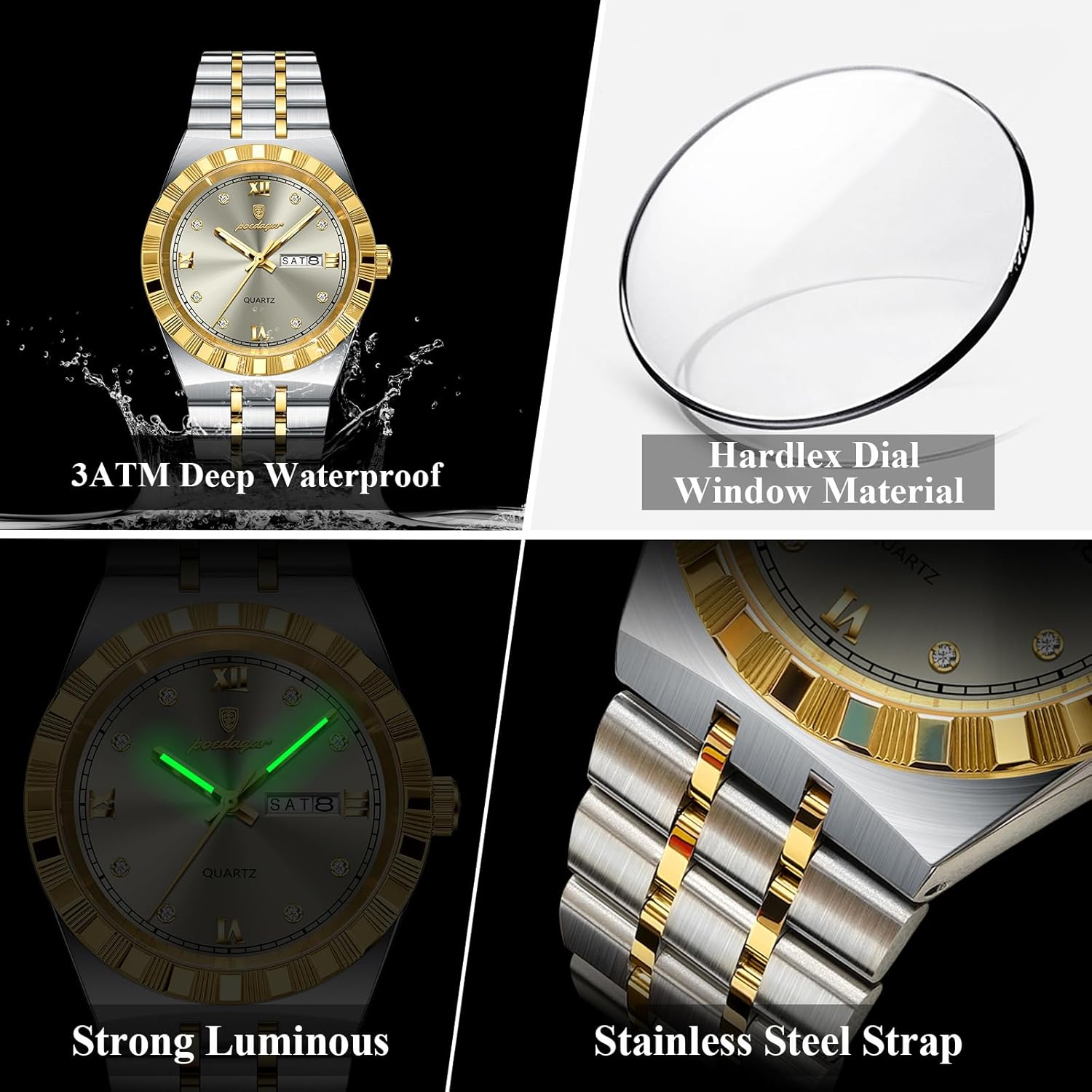 Fashion Business Man Wristwatch Quartz Week Date Watch for Men Casual Waterproof Luminous Diamond Roman Numerals Dial Stainless Steel Men's Watches - Image 5