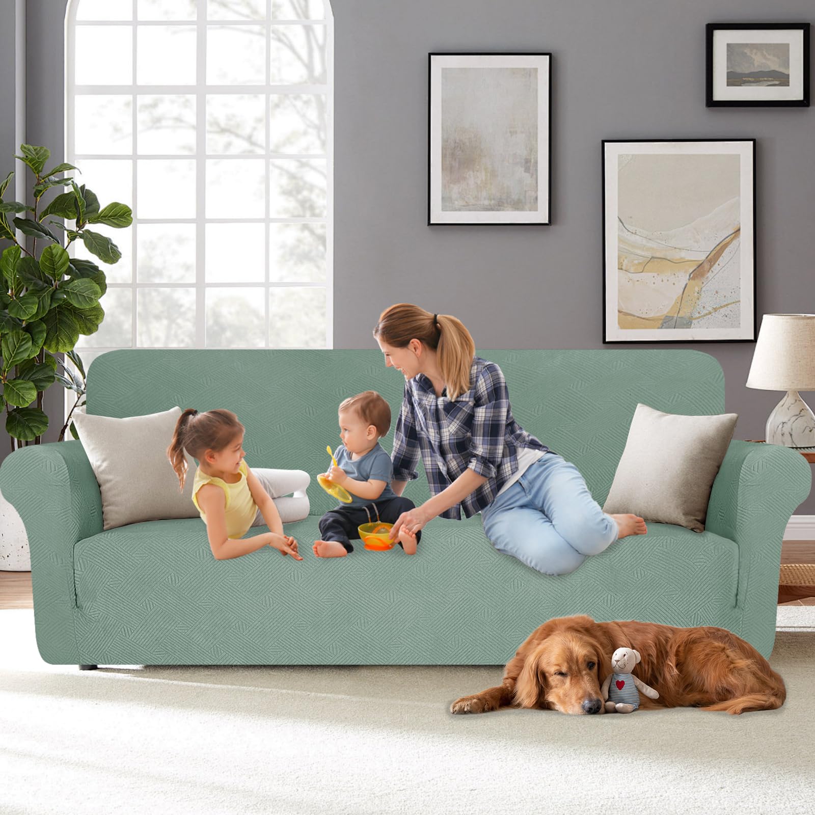 YSTELLAA Housse De Canapé 2 Places avec Accoudoirs, Housse Canapé Extensible, Universelle Protege Sofa, Sofa Cover Antidérapante, Griffures, Antisalissure, pour Le Salon, Vert Clair