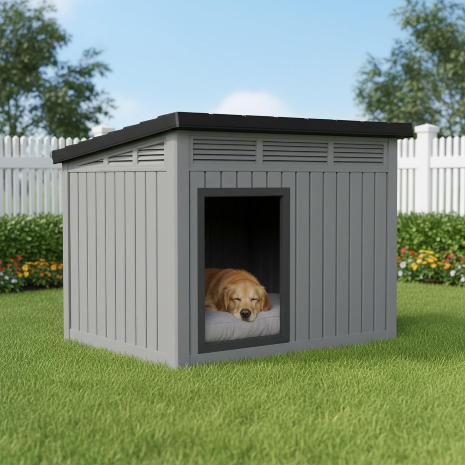 Large Dog House for Indoor & Outdoor Use, Weatherproof Resin Shelter with Removable Roof, Spacious Kennel for Medium to Large Dogs, Cats, and Pets (Grey, 42.5" L x 33" W x 31.6" H)