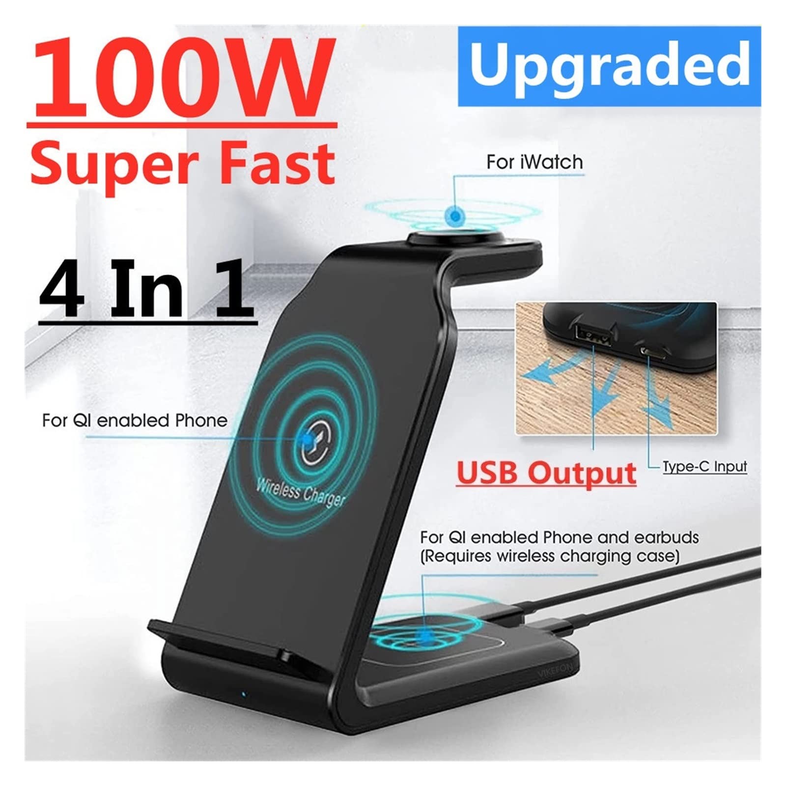 Bezprzewodowa ładowarka 100 W 4 w 1 Stojak na telefon Zegarek Stacja dokująca do szybkiego ładowania słuchawki,Uniwersalna kompatybilność(With USB Output)