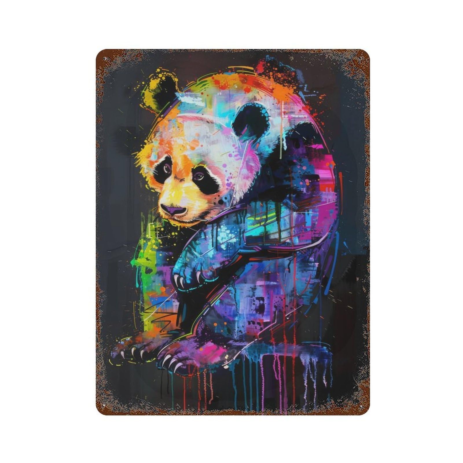 Weathered Tin Sign with Panda Popart Painting Design 15.7"x11.8", for Garage, Bar And Workshop Decor, Decorative Metal Wall Art