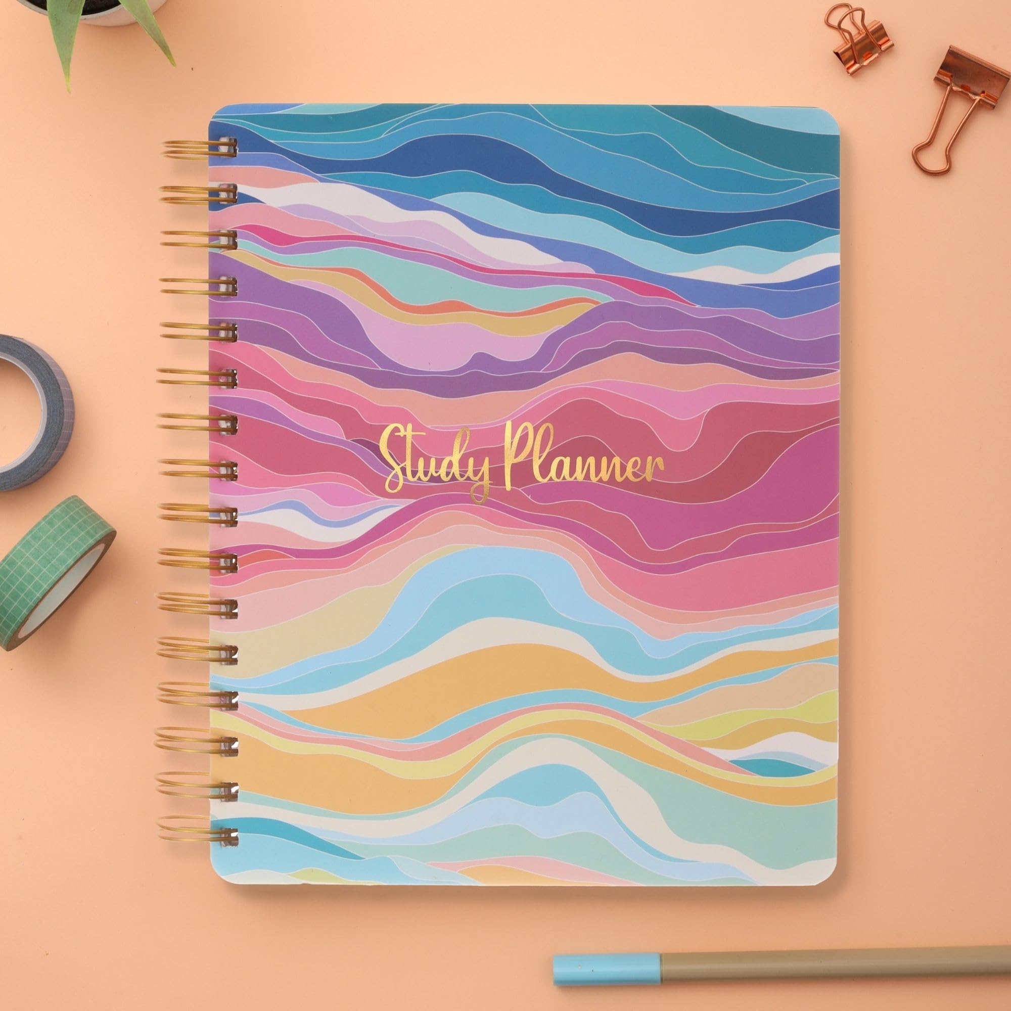 DOODLEB5 Ultimate Premium Undated Study Planner: Spiral Hard Bound, 90 GSM 240 Theme Based Custom Pages - Goal-Setting Academic Study Organizer with Exam Prep and Progress Tracking - Vibrant Waves