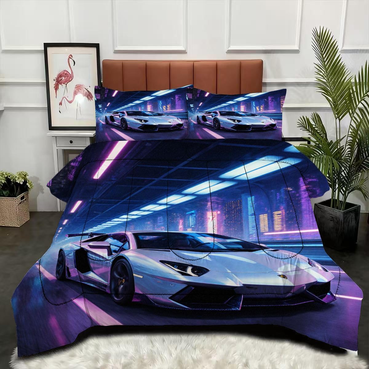 Couette sans housse 200x200 microfibre tempérée lavable motif voiture de sport 3D