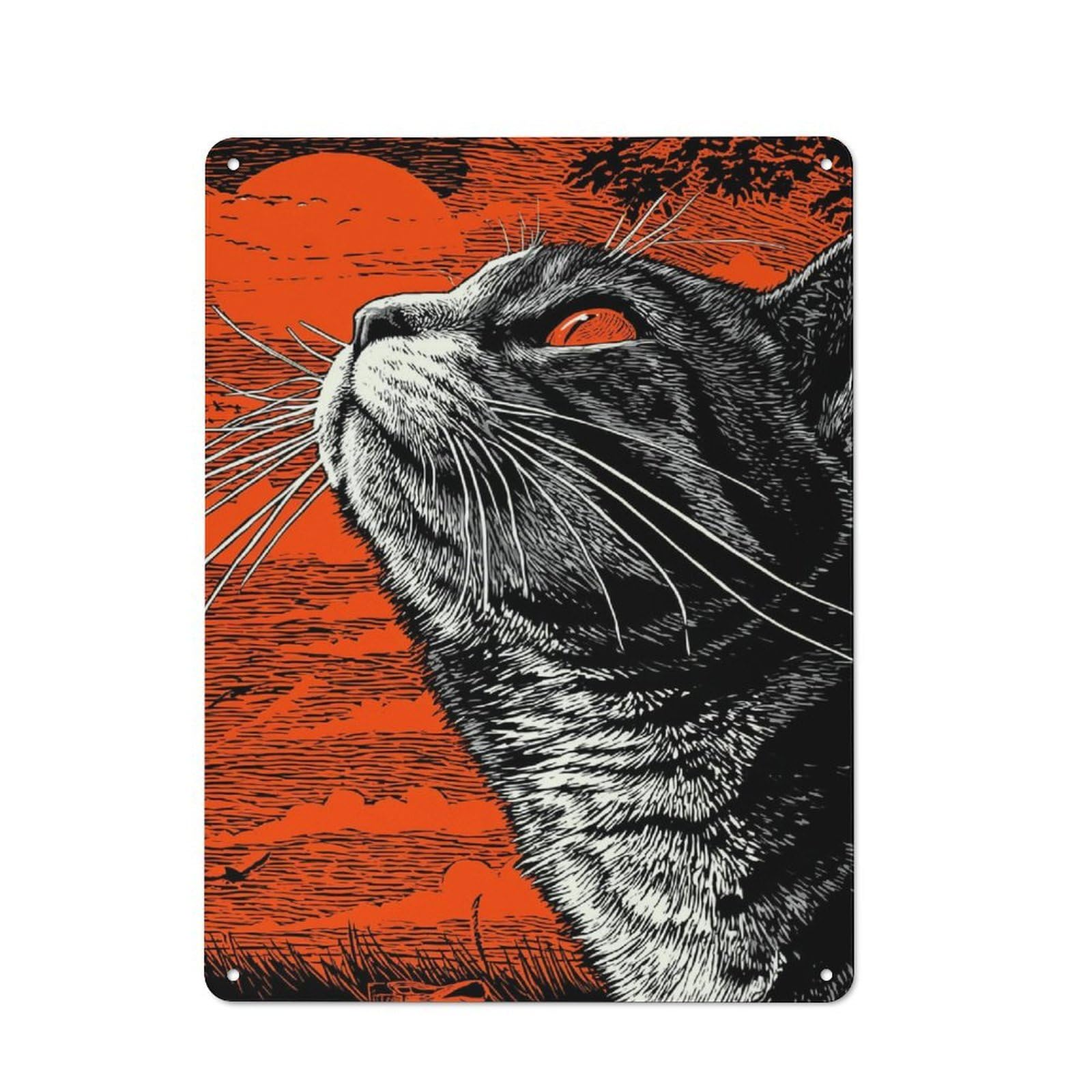 Junmoney Style-24 Rustic Metal Sign With Cat Gazing At The Orange Sky Design 40X30cm, Country Vintage Cottage Wall Art For Kitchen, Cottage, Porch Or Garden Room