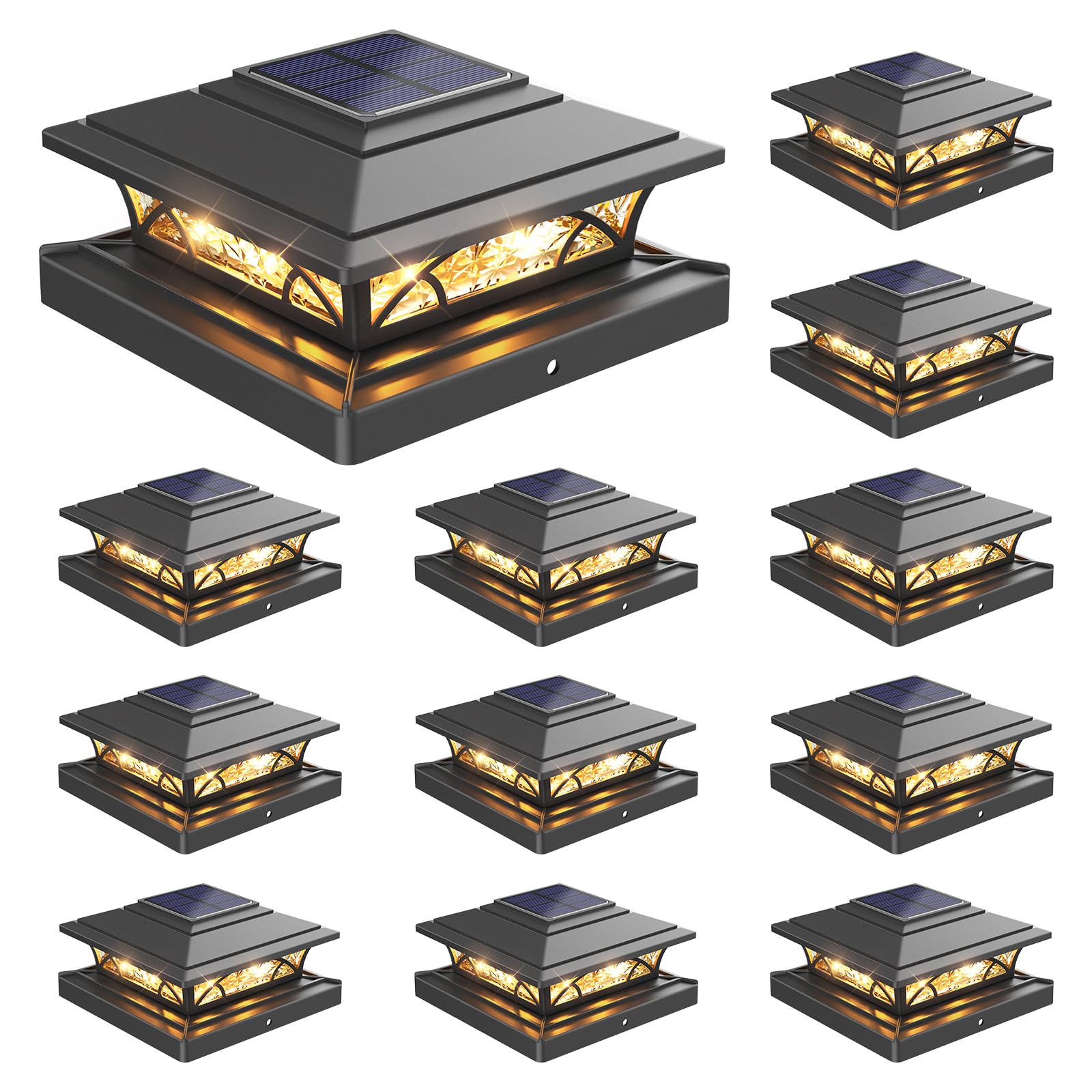 Solar Post Cap Lights Outdoor 12pack, Black Deck Fence Post Lights Solar Powered with 16LEDS 2 Lighting Modes, 4x4/5x5/6x6 Waterproof Fence Post Solar Lights for Garden Patio Porch Backyard-picture-17