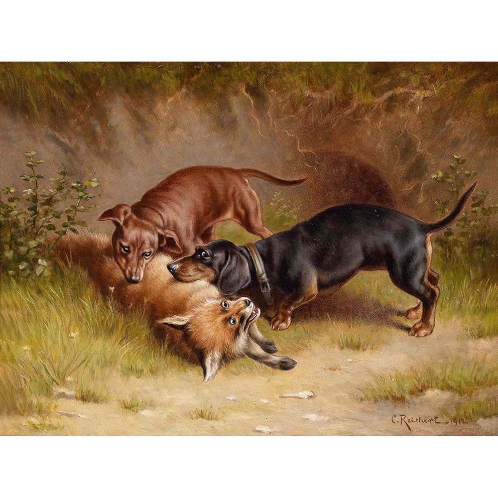 Wee Blue Coo Painting Animal Dachshund Dog Fox Reichert Hunting Art Print Poster Wall Decor 12X16 Inch