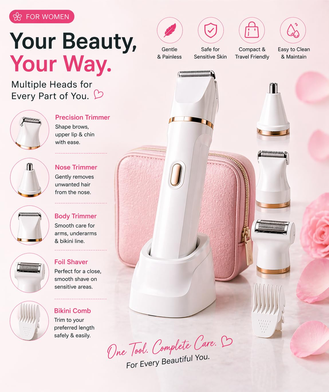 Rasoio elettrico 5 in 1 per bikini, da donna, ricaricabile, impermeabile, per corpo e viso, rasoio indolore per peli pubici con testine intercambiabili, trimmer per naso e viso, ricarica USB, uso