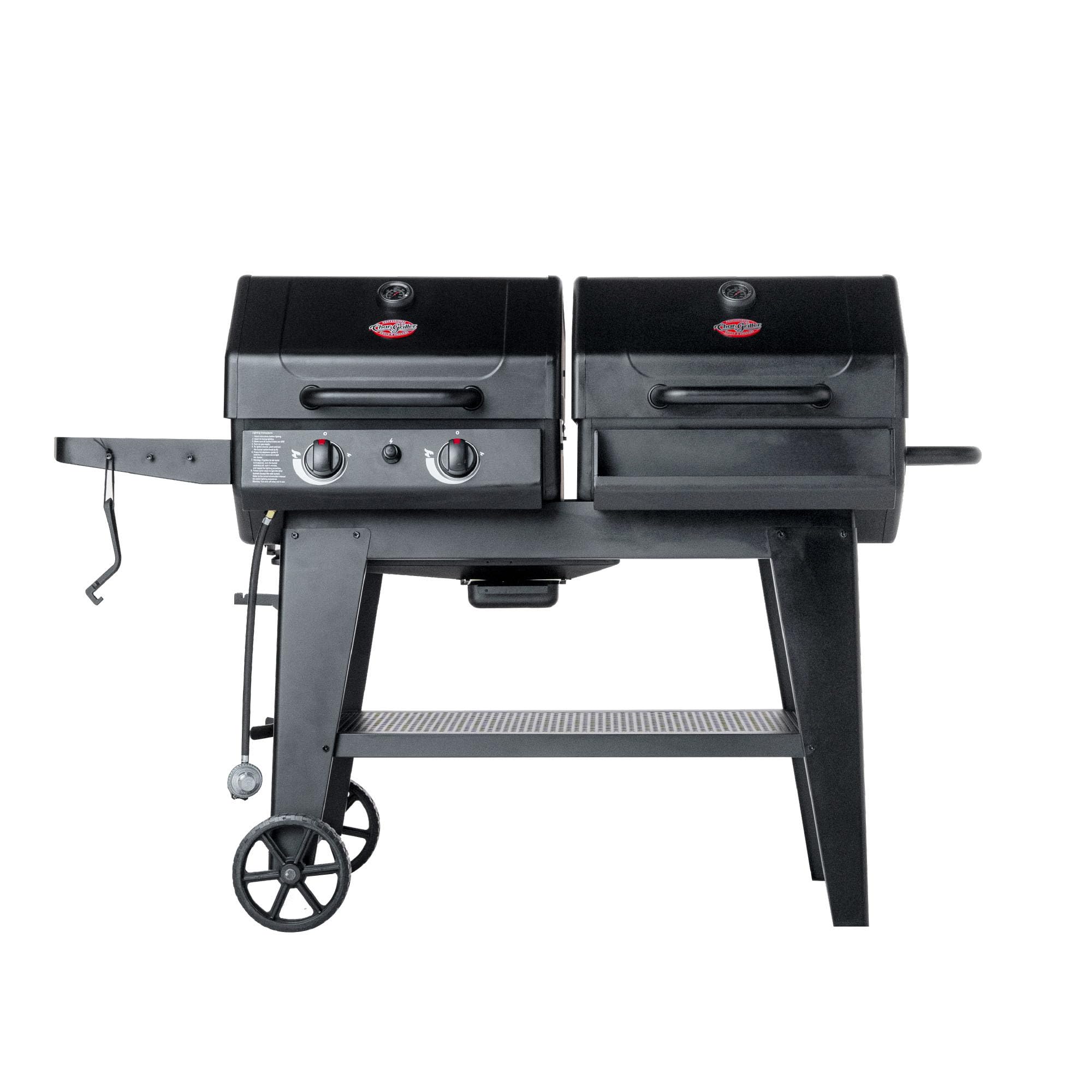 Dual-Function 2-Burner 24,000 BTU Propane Gas and Charcoal Combination Grill and Smoker with 870 Cooking Square Inches in Black, Model E5030