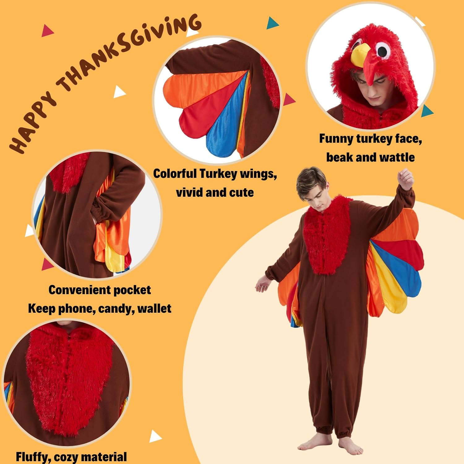 Turkey Costume Adult Thanksgiving Pajamas Animal Chicken Onesie Cosplay Outfit Halloween Holiday Party for Women Men - Image 4
