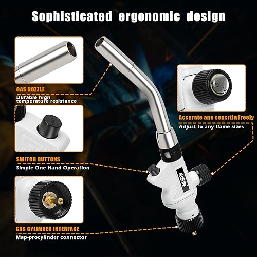 Miniatura 3 de BLUEFIRE - Cabezal turbo con mango de metal perlado, combustible multiusos para soplete automático de propano MAPP MAP PRO, gran dispositivo de