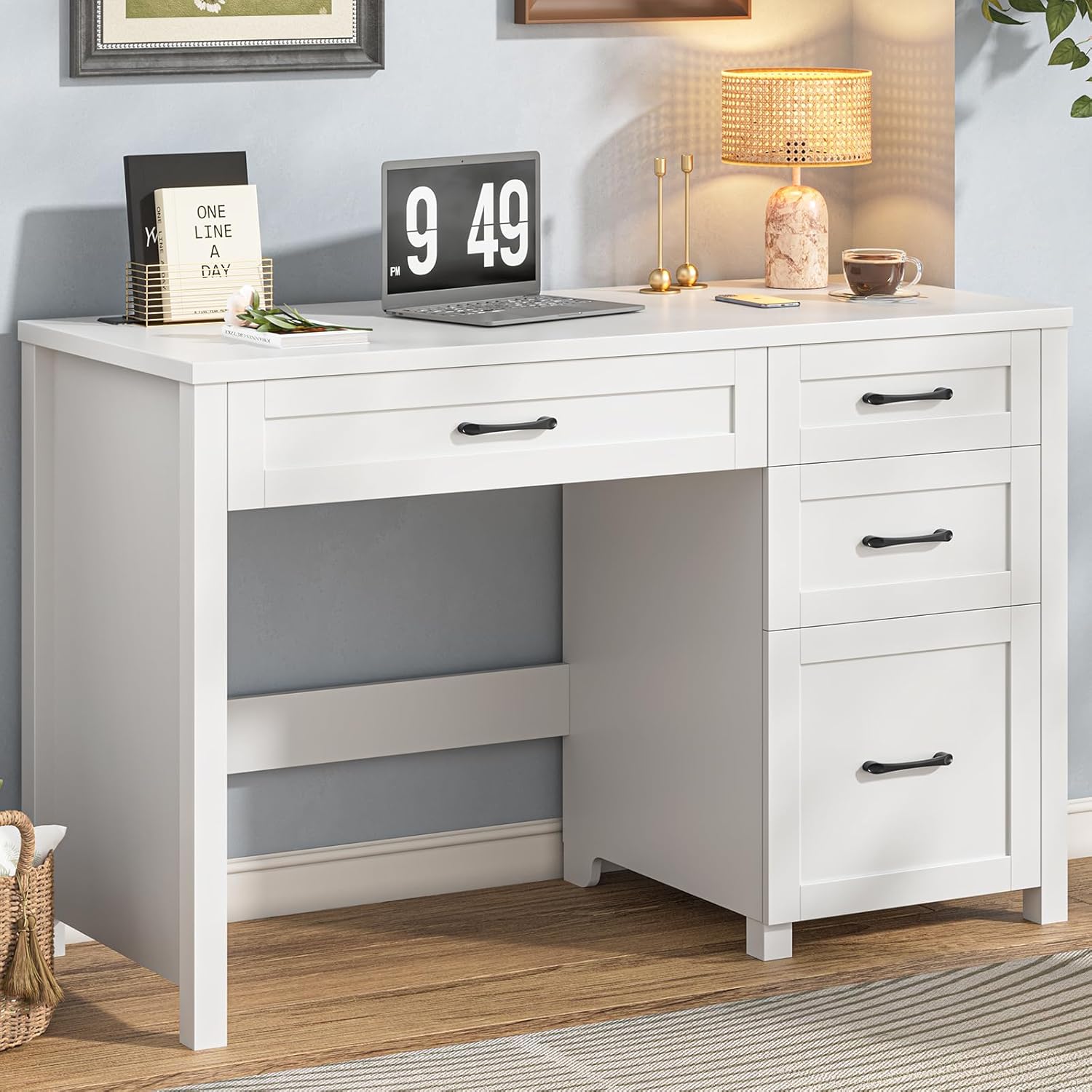 Vabches Farmhouse 47" Executive Desk, Computer Desk with File Drawer and Charging Station, Workstation for Home Office, Study.Cream White