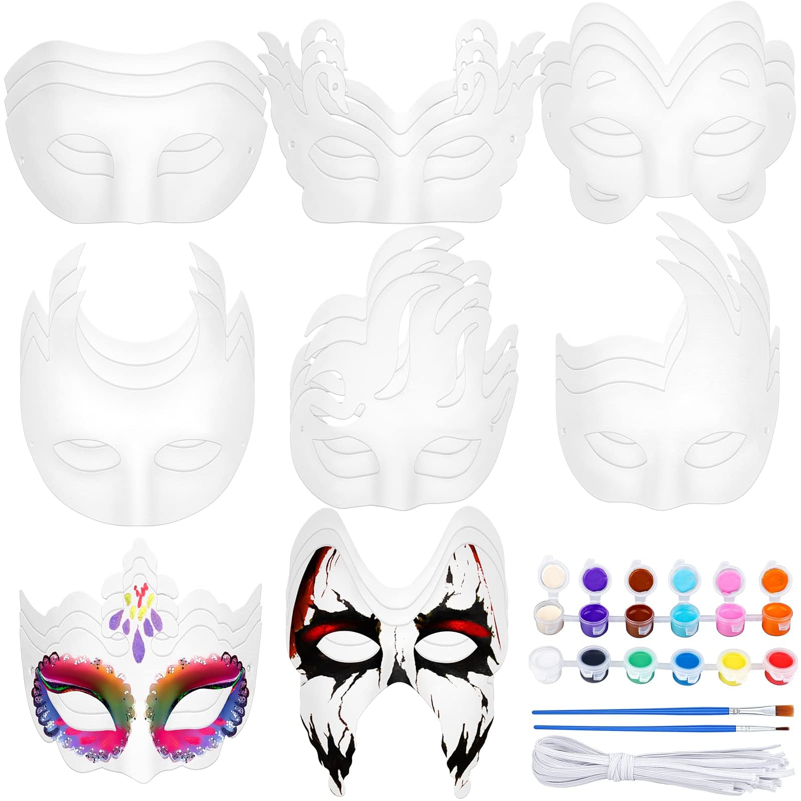 GraGra White Paper Masks, 24 Pcs DIY Hand Painted Masks, Half Face Masquerade Art Masks for Kids Adult Cosplay, Halloween, Mardi Gras, Masquerade Craft Mask (with Tether Acrylic Paints Brushes)