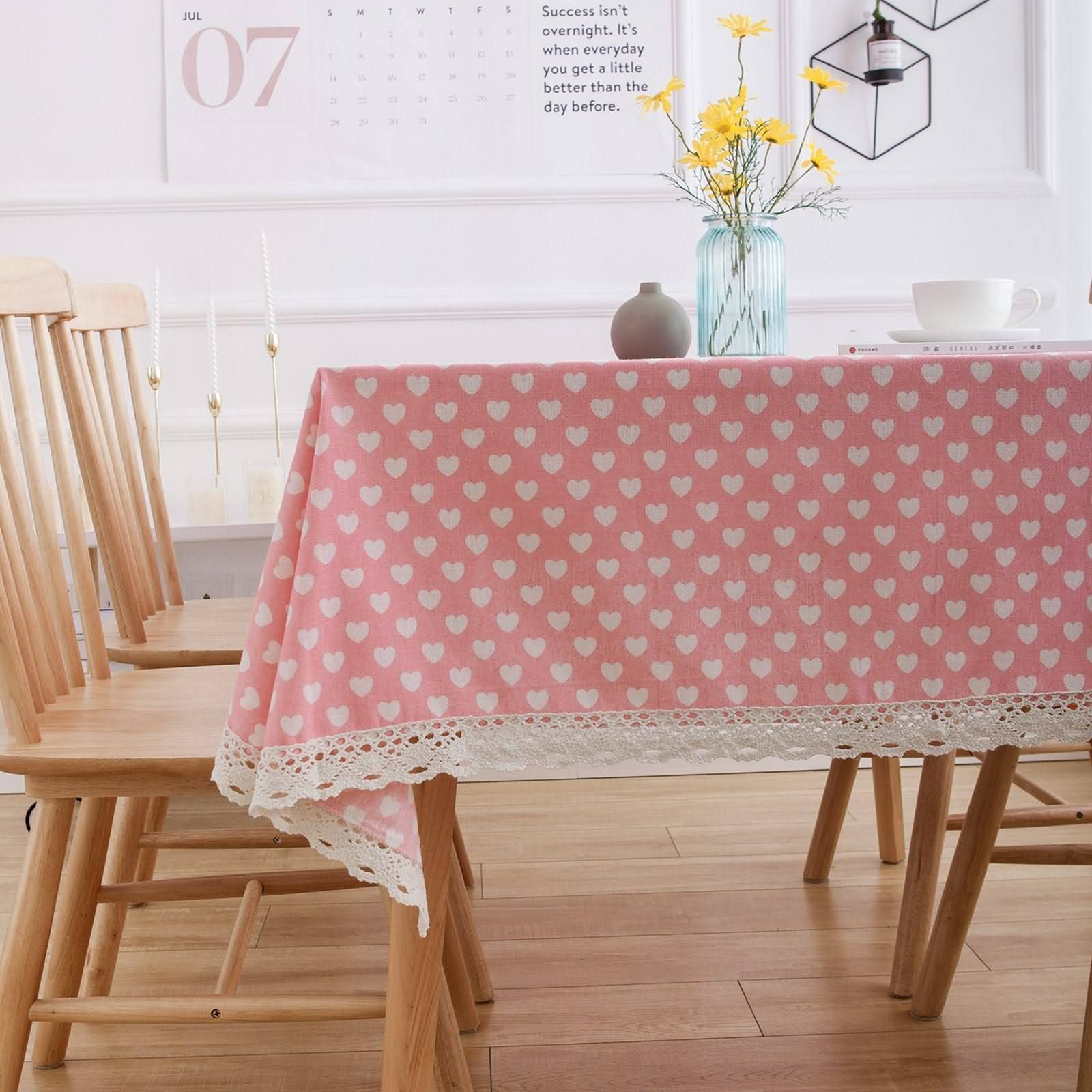 Mantel De Mesa Decorativo Mantelerias Tela Estampado Amor Rosa con Encaje Lavable Rectangular Manteles Algodon Rosado Sabana Protección Decoración 140X250Cm