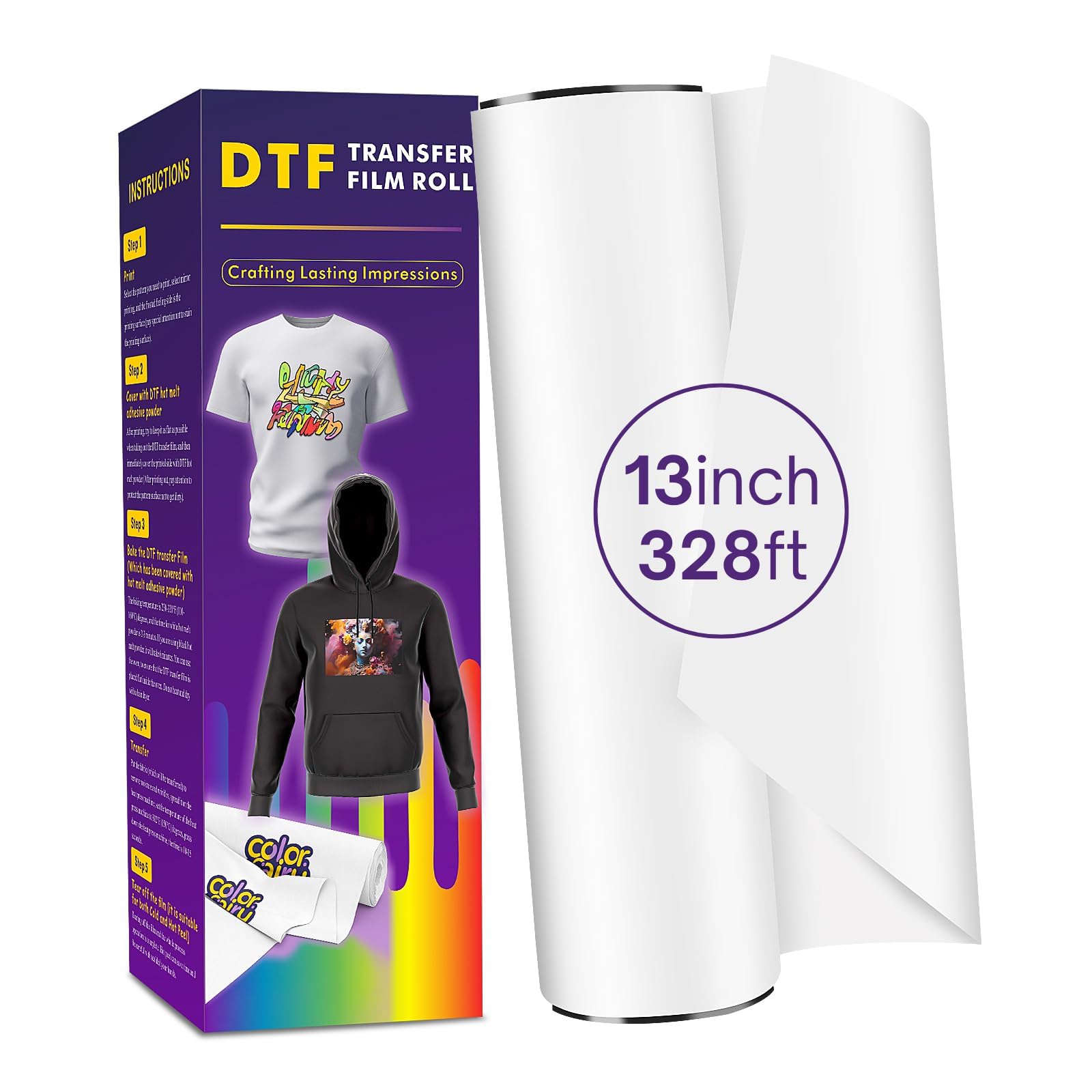 Colorfairy DTF Transfer Film Roll 13" x 328', A3+ Double-Sided Matte PET Heat Transfer Paper, Universal for All T-Shirts & Dark Fabrics, Vibrant Colors, Easy Peel Hot/Cold