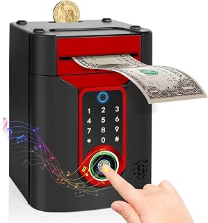 Highttoy Spardose Kinder, Elektronische Spardose mit Touchscreen und Fingerabdruck, Geldautomat Sparbox Tresor Kinder, Geschenk Jungen Mädchen 3-12 Jahre, Schwarz Rot