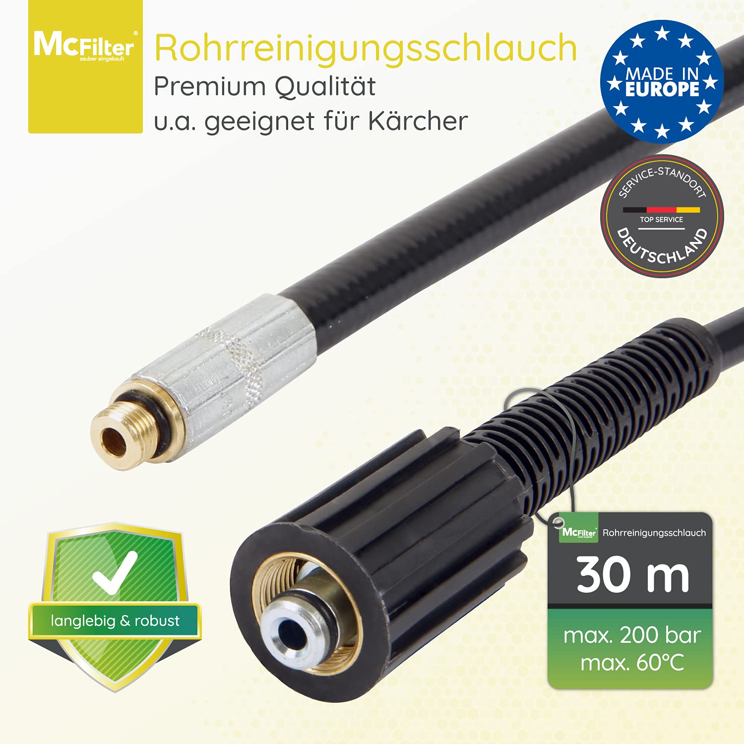 Tubo flessibile per la pulizia dei tubi, 30m, 160-200 bar, adattatore incluso, ugelli rigidi + rotanti, compatibile con le idropulitrici Karcher K2, K3, K4, K5, K6, K7