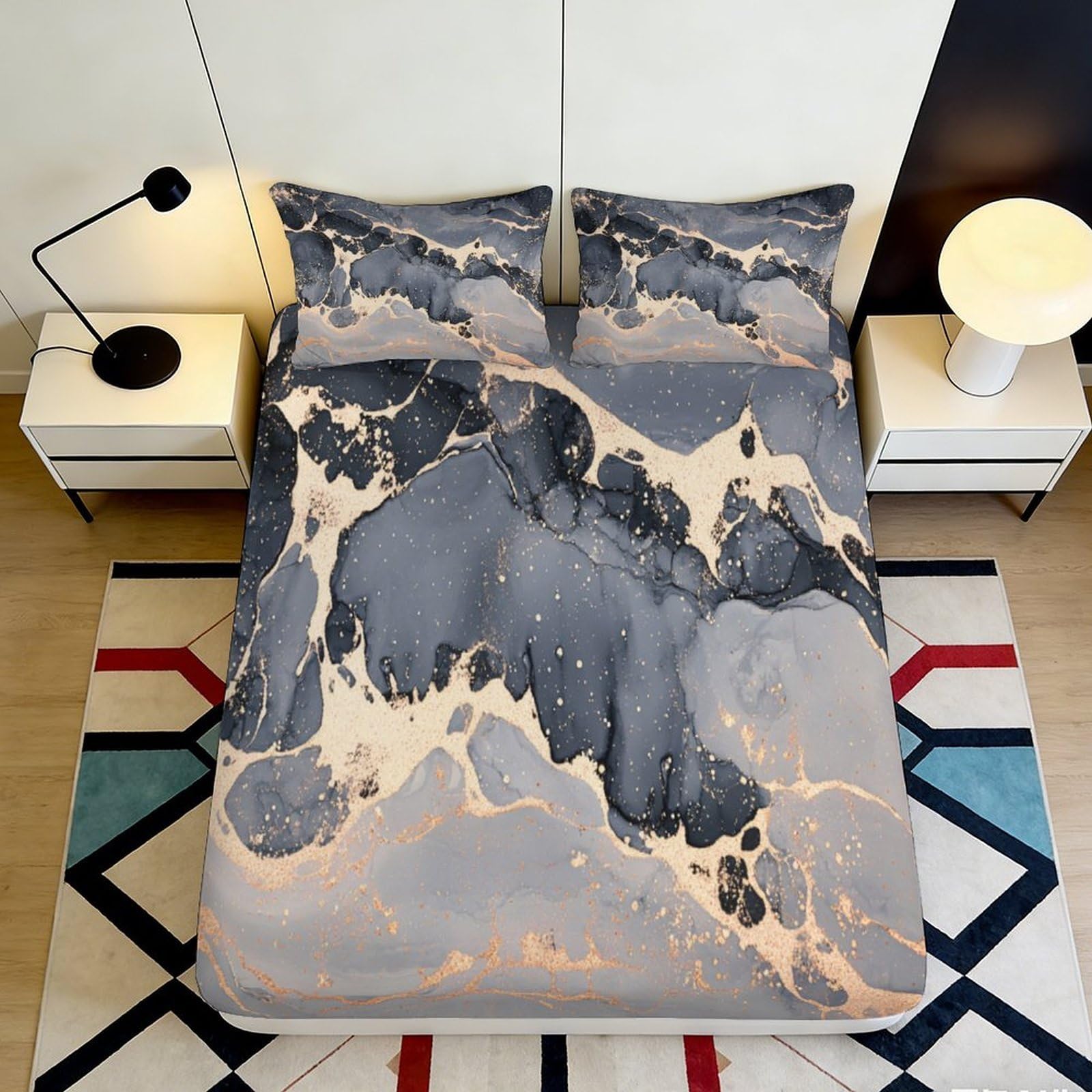 3D Printed Marble Pattern Fitted Sheet Microfiber Soft Breathable Abstract Ink Bed Sheet for Bedroom Dormitory Guest Room Mattress Protection Decor 180x200x25cm