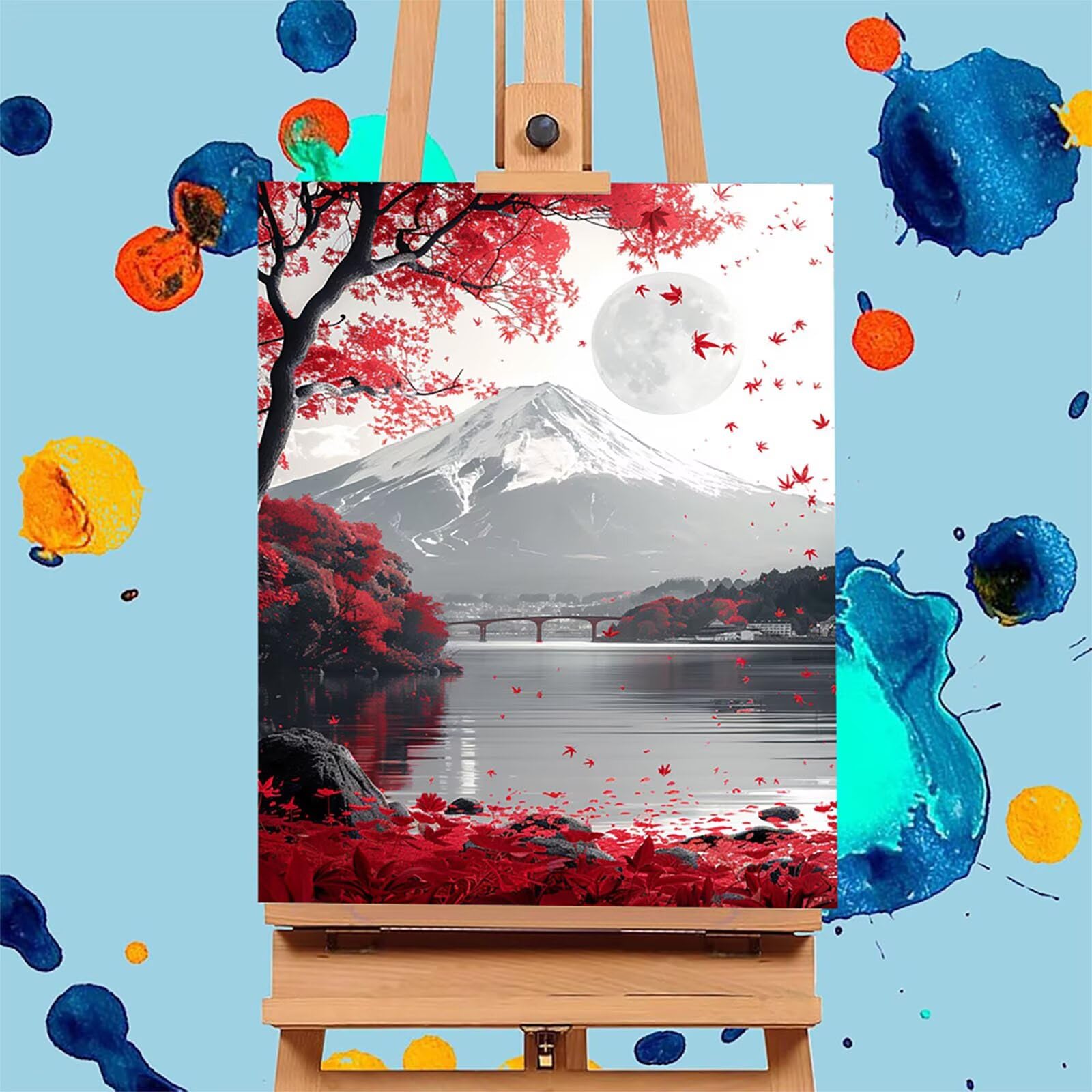 Mount Fuji Malowanie według numerów dla dorosłych z ramą, malowanie według numerów krajobraz, DIY DIY dla dorosłych, malowanie według liczb dla dorosłych zestaw z farbami akrylowymi i pędzlami