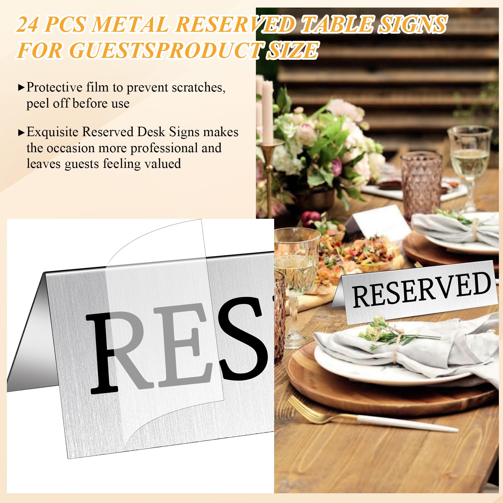 24 letreros de mesa de metal reservados, letrero plateado para restaurantes, tienda de campaña de doble cara, letrero de asiento de mesa de reserva de invitados para bodas, fiestas, ceremonias