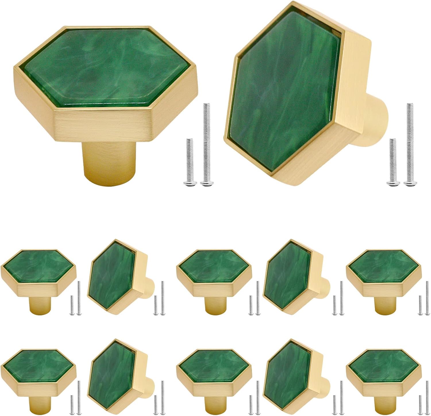 1-1/4" Gold Hexagon Cabinet Knobs for Dresser Drawers, Brushed Brass Cabinet Pulls for Kitchen Cabinets, Cupboard Furniture, Green, 12 Pcs
