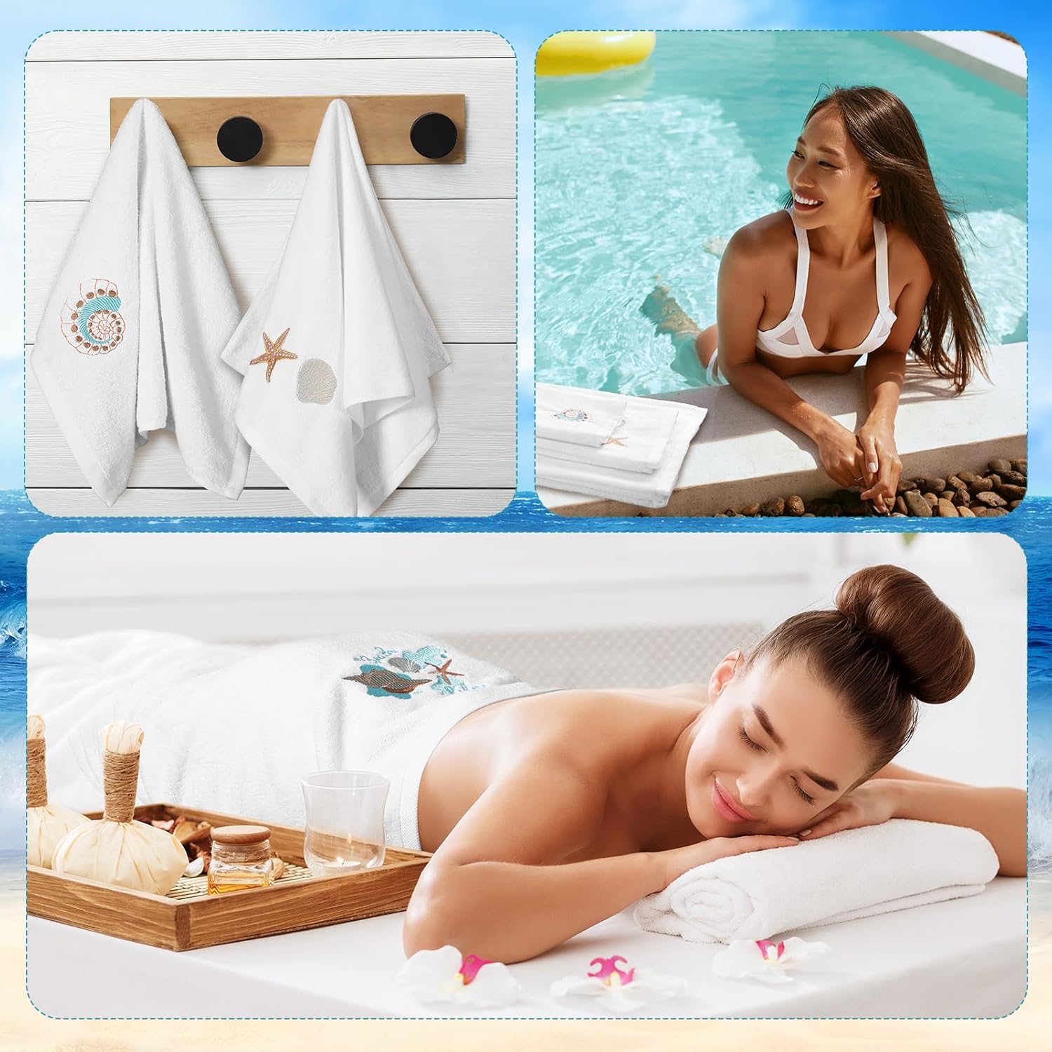 Peryiter 3 Pcs Beach Hand Towels for Bathroom Cotton Embroidered 1 Bath Towel 1 Hand Towel and 1 Wash Cloth Absorbent Bath Sheets for Bathroom Decor(White,Shells)