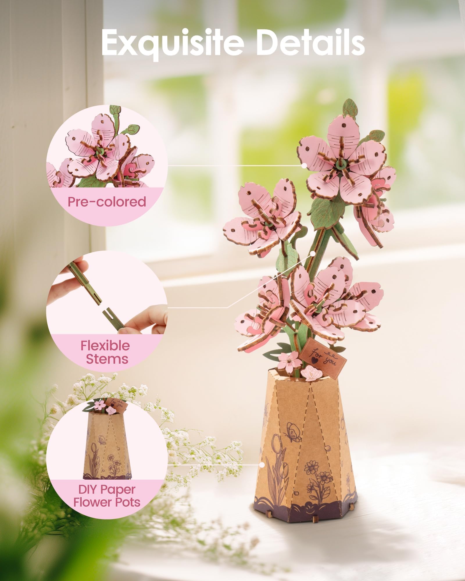 ROBOTIME 3D Wooden Flowers Puzzle Sakura, Artificial Bloom Jigsaw, Model Kits for Adults to Build DIY Craft Set - Image 3