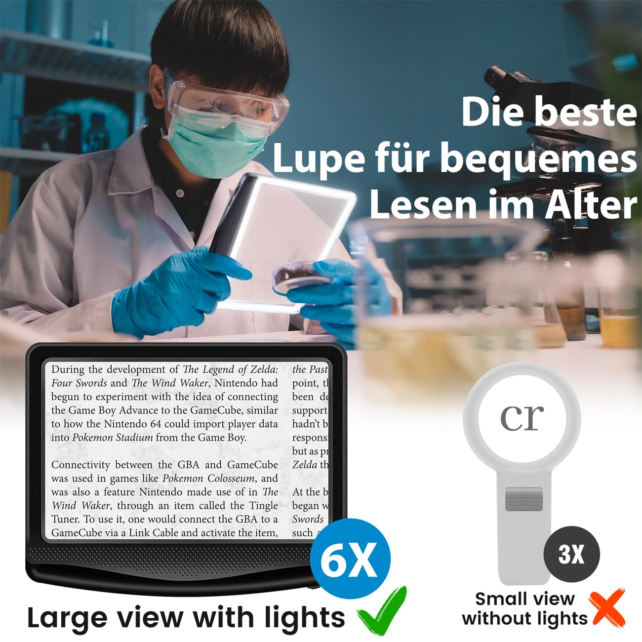 6X Lupe mit Licht, Leselupe für Senioren Groß, Wiederaufladbar Dimmbare LED-Handlupe, Leichte Buchlupe zum Lesen von Zeitungen Kleingedrucktem, Ideal Vergrößerungsglas für Sehschwäche, Hobbys