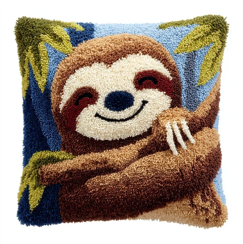 WallustrioaW DIY Latch Hook Kits,Sloth,Needlework Pillow Cover DIY Hooks Knitted Pillow Embroidery Latch Hook Cushion Kit,17x17in