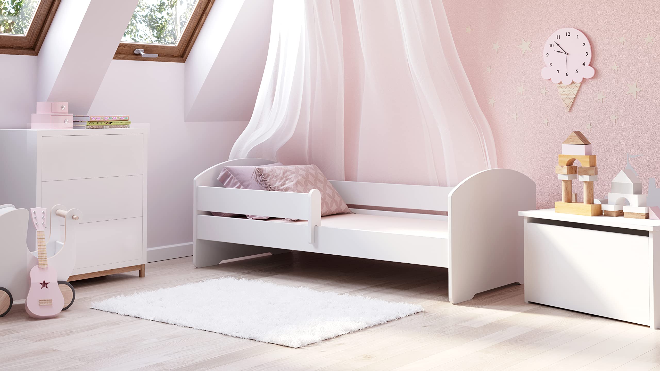 KOBI Letto per Bambini con Sponde LUK | Bianco Lettino Bambina | 160 x 80 CM | Lettino Bambino con Materasso | Lettini per una Ragazza un Ragazzo | Letto Bimbo Singolo