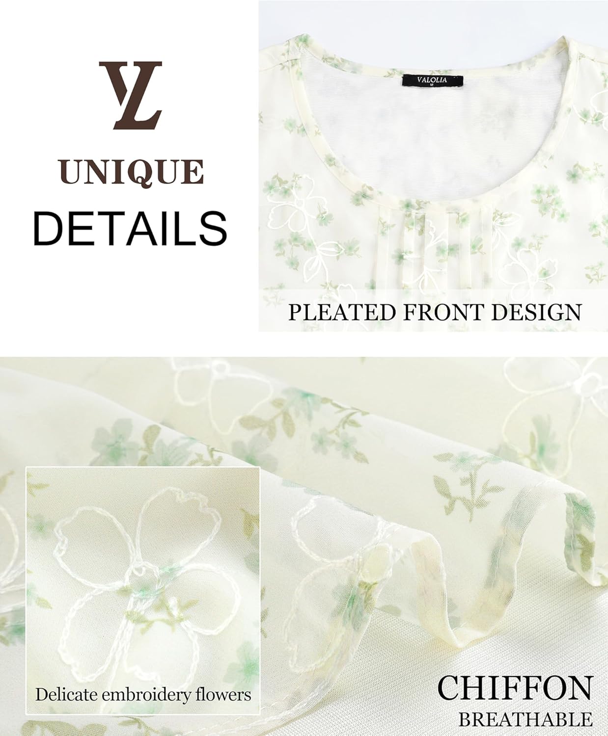 VALOLIA Womens 3/4 Sleeve Blouses Tops Dressy Casual Chiffon Pleated Embroidery Layered Shirts - Image 6