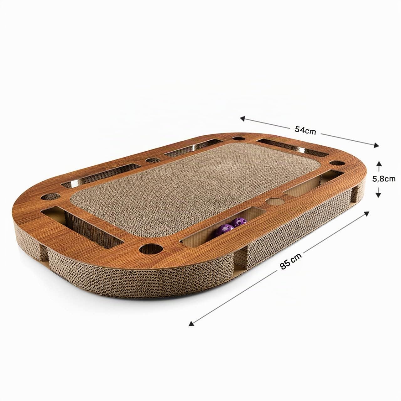 CanadianCat Company | XXL Katzenspielplatz 85 x 54 x 5,8 cm mit integrierter Kratzpappe, interaktives Katzenspielzeug Kratzbrett in Holzoptik Kratzkarton