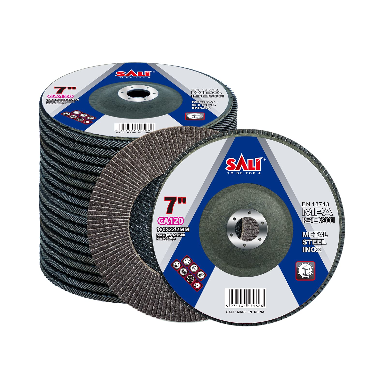 SALI10 Pack Flap Disc 120 Grit 7" x 7/8-Inch Sanding Disc Bevel Type #29 Premium and Industrial Grade Angle Grinder Grinding Wheel High Performance Edge Grinding