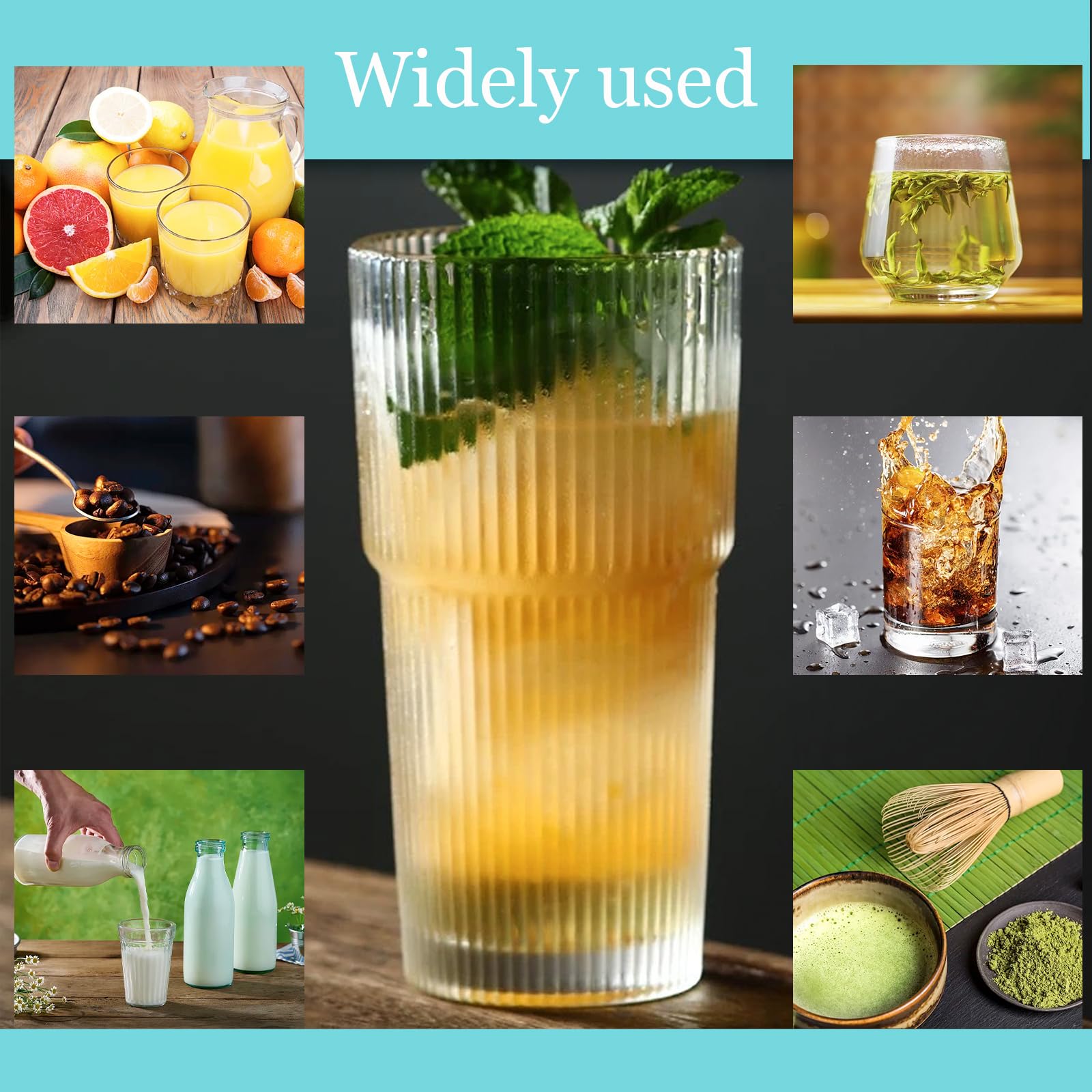 Set 4 Bicchieri In Vetro Da 600ml Con Coperchio E Cannuccia - Bicchieri Zigrinati Per Cocktail, Whisky, Caffè Freddo, Frullati