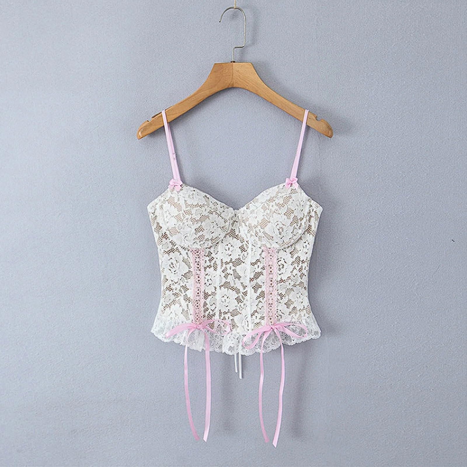 Top Halter con Adornos de Encaje, Lazo, Ojales y Detalles Amarre Camisola Ajustada sin Tirantes Dobladillo Irregular Blanco Cinta Rosa