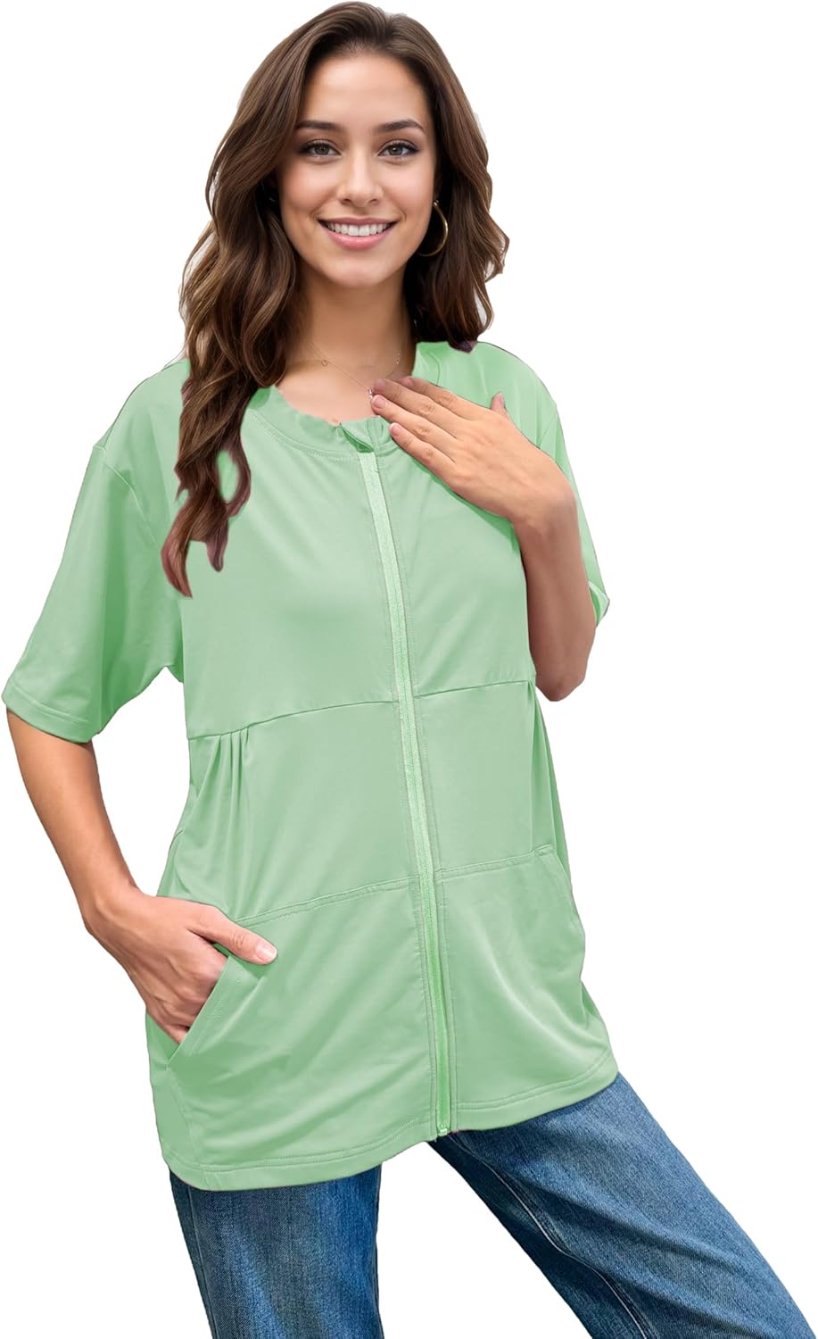 Youdiao Mastectomy Shirts with Drain Pockets Post-Surgery Must Haves Soft Full Front Zip-Up Short Sleeve Recovery Tops - Image 2