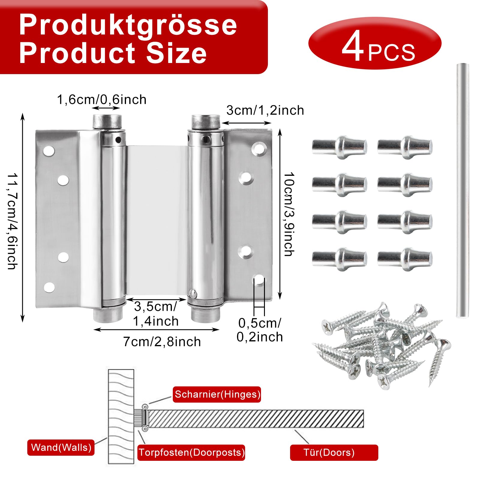 Bisagra para puerta de péndulo (4 unidades, acero inoxidable, 130 mm, cierre automático, 15 kg de capacidad de carga, bisagra de resorte para mostrador, puerta batiente y puertas de madera (4