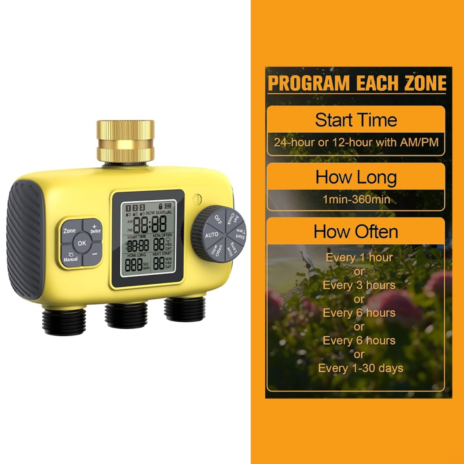 Timer per irrigazione a 3 uscite con ingresso in ottone, sistema di irrigazione automatico per giardino, 3 per programmi ZONE, blocco bambini, giallo