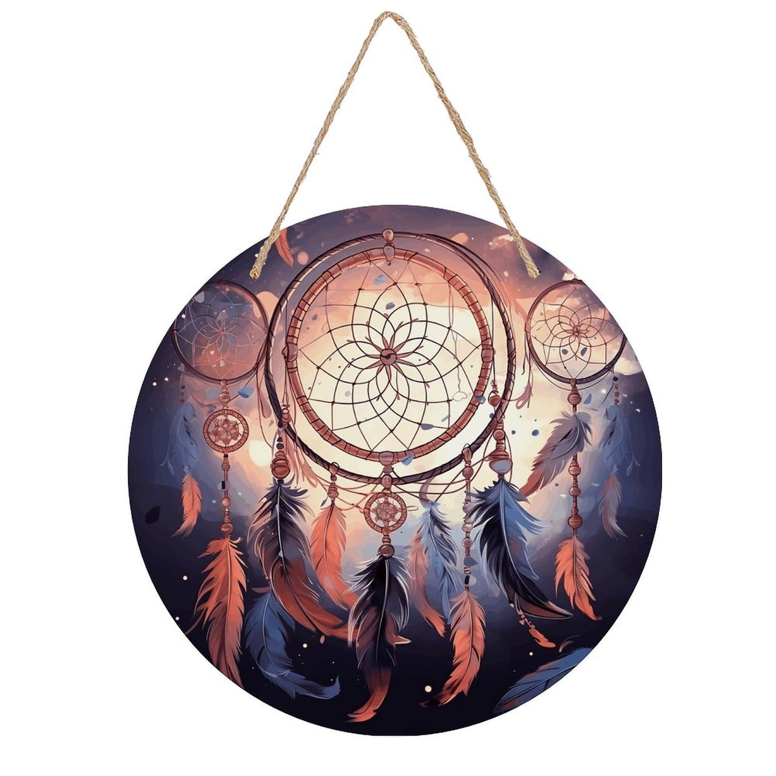 VstaDank Native American Dream Catcher Wooden Wall Art Decor Round Wood Plaque Wooden Door Hanger Sign with Hole And Hanger Rope Trend Wood Decorative Paintings for Home Outdoor Indoor 7.87 Inch