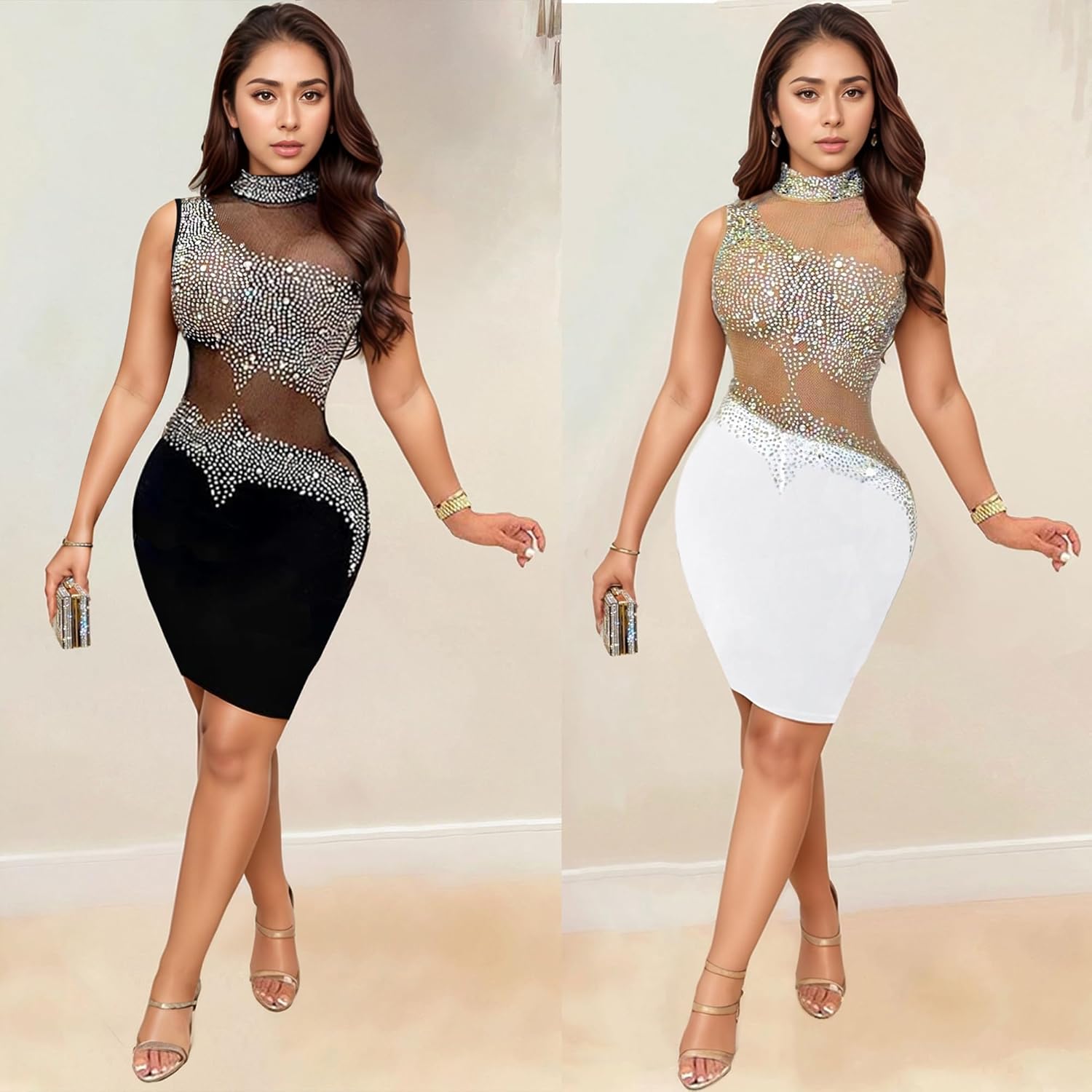 PORRCEY Women's Hot Drilling Craft Sexy Long Sleeve Mesh See Through Party Club Night Rhinestone Dress - Image 3