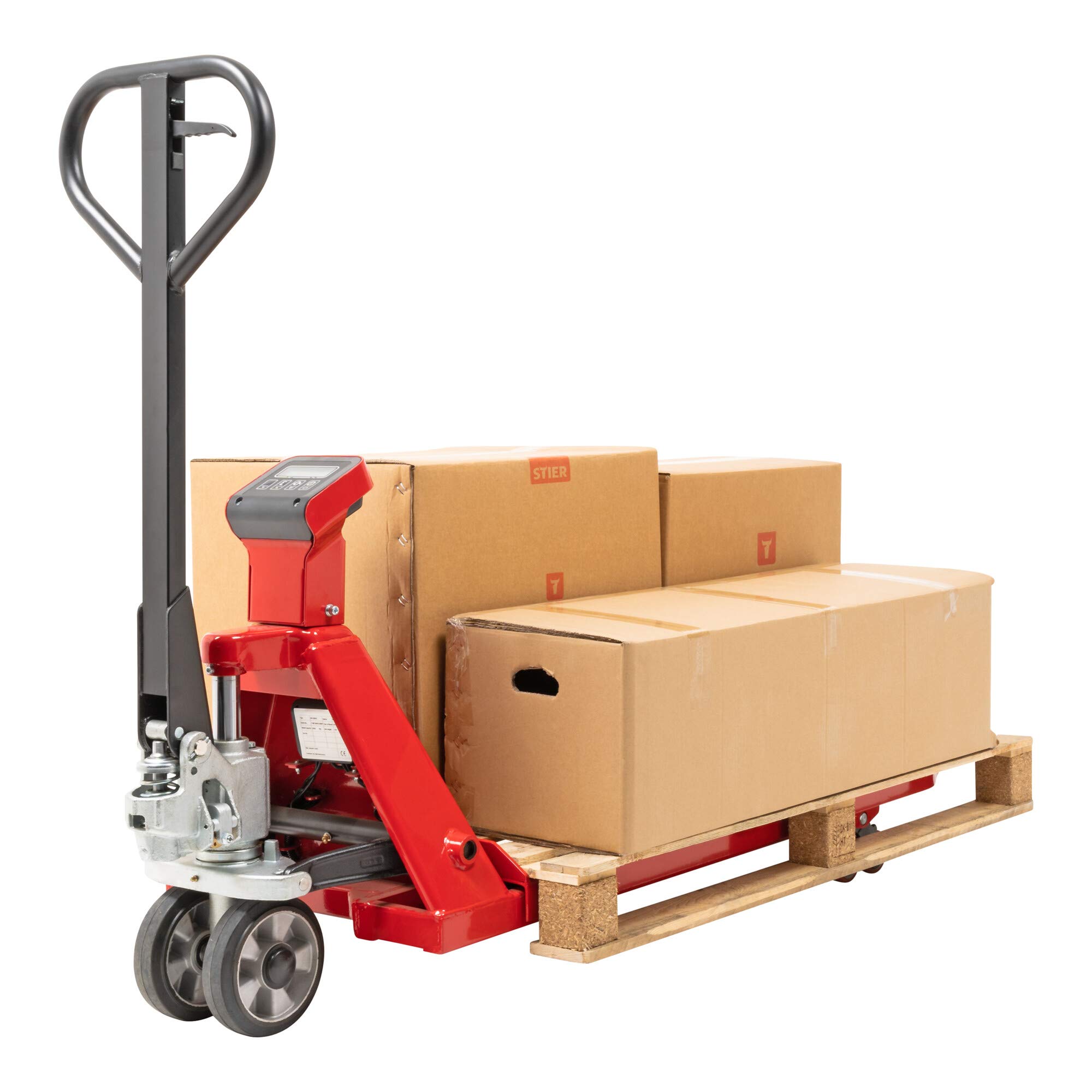 STIER Wiege-Hubwagen 1-kg-Schritte Tragkraft 2000 kg, Gabellänge 1150 mm, Hubbereich 85-200 mm, elektrischer Gabelhubwagen mit PU Rollen, sehr präzise Waage