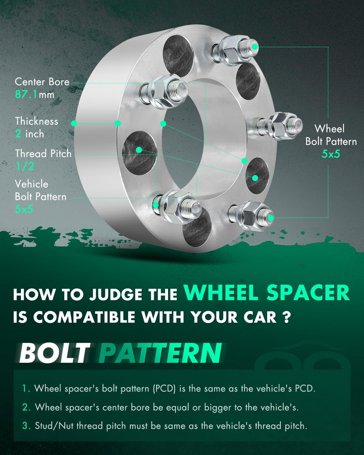 SCITOO 2Pcs 5x5 Wheel Spacers 2 inch Thread Pitch 1/2 Hub Bore 87.1mm 5 Lug Wheel Spacers Fit for Lesabre DeVille Astro Safari Wrangler JK Wrangler for Grand Cherokee Commander