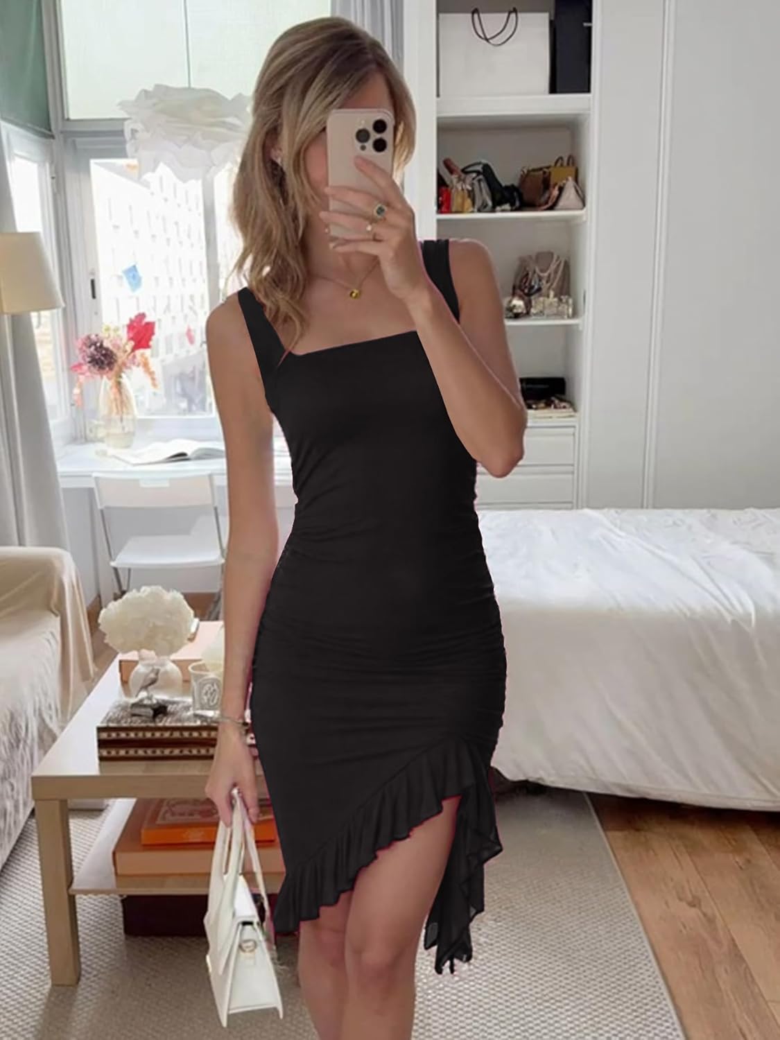 Square Neck Bodycon Dress for Women Sexy Ruched Stretchy Cocktail Party Midi Dresses - Image 4