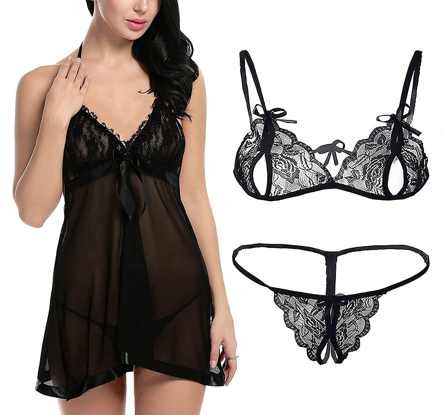 BROIDENWomen Combo Babydoll Nightwear Lace Bra Panty Lingerie Set(Free Size)